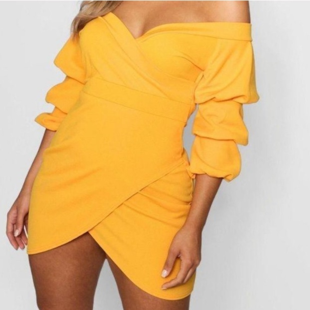 New Boohoo Off Shoulder Wrap Bodycon Dress Puff 12